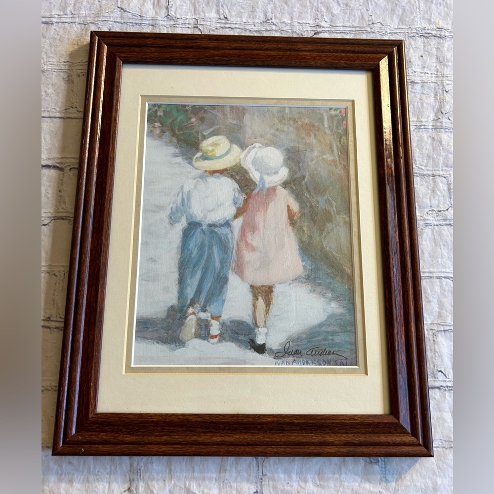 VINTAGE IVAN ANDERSON BOY & GIRL WALKING ART PRINT SIGNED MATTED BROYHILL FRAME